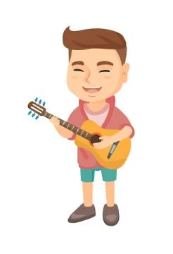 Caucasian boy singing and playing acoustic guitar. Illustrazione stock