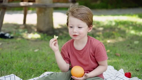 Caucasian boy sits on mat spread on grass in garden for sitting, Stock Footage 264773580