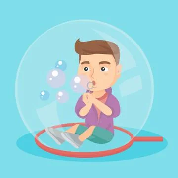 Caucasian boy sitting inside a big soap bubble. Stock Illustration