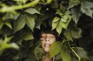 Caucasian Boy Smiling In Leaves Stock Photos
