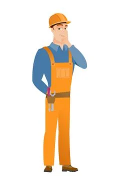 Caucasian builder thinking vector illustration 스톡 일러스트