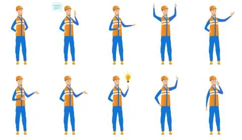 Caucasian builder vector illustrations set. Ilustración de archivo