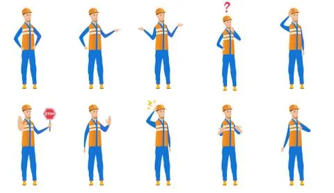 Caucasian builder vector illustrations set. Ilustración de archivo