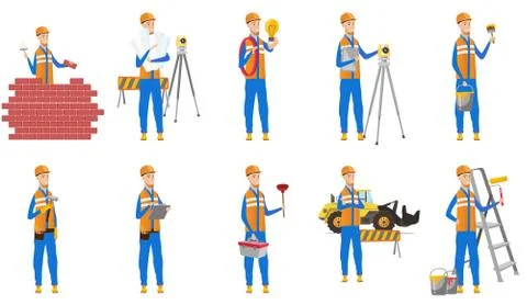Caucasian builder vector illustrations set. Ilustración de archivo