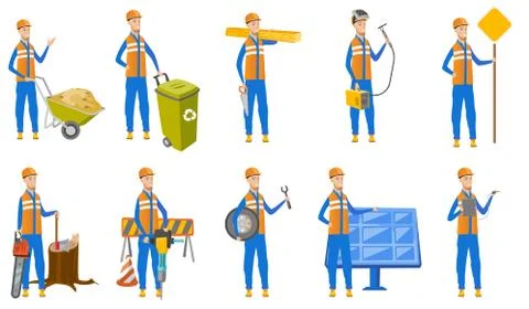 Caucasian builder vector illustrations set. Ilustración de archivo
