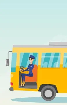 Caucasian bus driver sitting at steering wheel. Ilustración de archivo