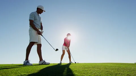 Caucasian Couple Golfer Play Physical Golf Resort Global Success Target Business Stock Footage