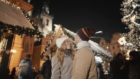 Caucasian couple having romantic date at Christmas New Year holidays at Stock Footage 254101508