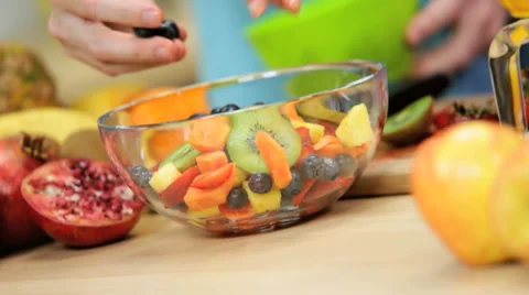 Caucasian Couple Organic Fruit Salad Hands Close Up Stock Footage