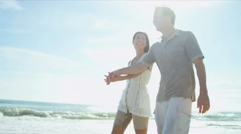 Caucasian Couple Walking Together Beach Stock Footage