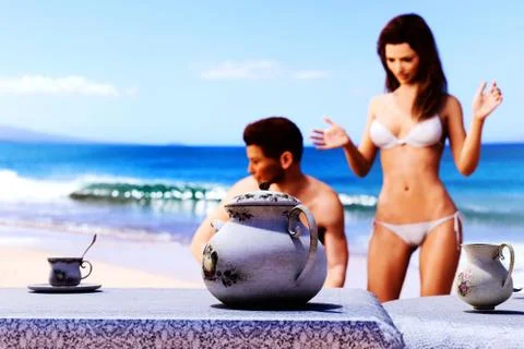 Caucasian couplle on beach 스톡 일러스트