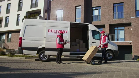 Caucasian courier carrying parcel boxes on a trolley to african american courier Stock Footage 166349701