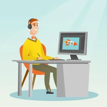 Caucasian designer using digital graphics tablet. Stock Illustration