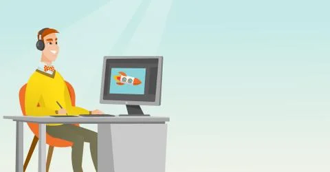 Caucasian designer using digital graphics tablet. Illustrazione stock