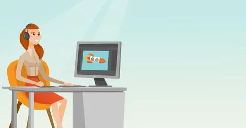 Caucasian designer using digital graphics tablet. Illustrazione stock