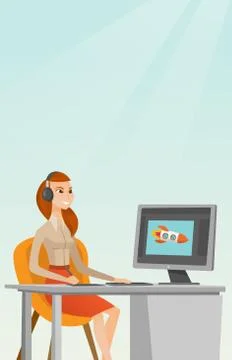 Caucasian designer using digital graphics tablet. Illustrazione stock