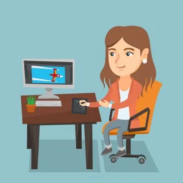 Caucasian designer using digital graphics tablet. Illustrazione stock