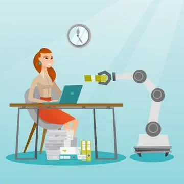 Caucasian developer programming a robotic hand. 스톡 일러스트