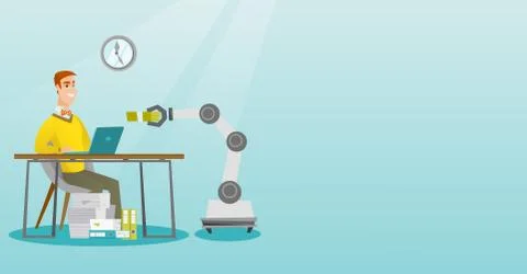 Caucasian developer programming a robotic hand. Stock Illustration