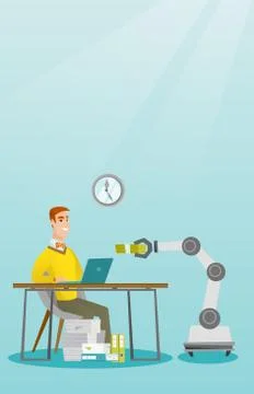 Caucasian developer programming a robotic hand. Stock Illustration