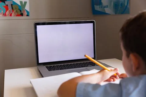Caucasian elementary schoolboy using laptop while studying at desk in school Stockfoto's