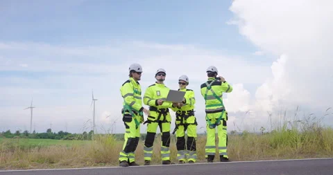 Caucasian engineer group using laptop beside road near wind farm for renewable Stock Footage 321791270