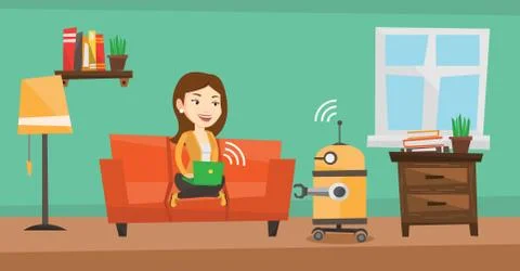 Caucasian engineer programming a robot. Stock Illustration