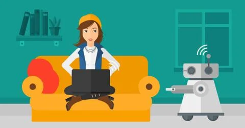 Caucasian engineer programming a robot. Stock Illustration