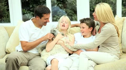 Caucasian Family at Home with Their Dog Stock Footage