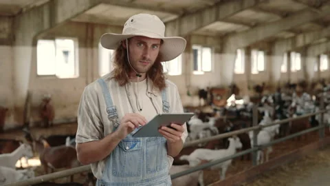 Caucasian farmer working on tablet at barn with goats Stock-Footage 157589986