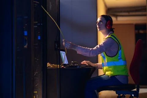 Caucasian female engineer touching a wire in computer server room Stock Photos