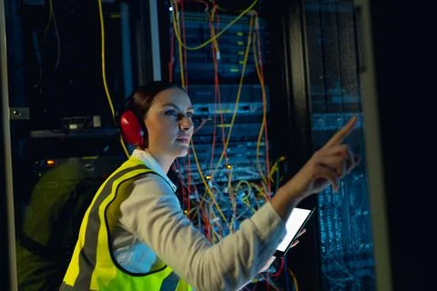 Caucasian female engineer using digital tablet while inspecting in computer Stock Photos