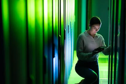 Caucasian female engineer using digital tablet while inspecting in computer Stock Photos