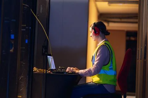 Caucasian female engineer wearing ear plugs using a laptop in computer server Stock Photos
