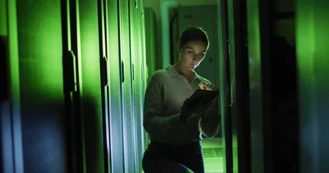 Caucasian female it technician using tablet checking computer server Video stock 336657559
