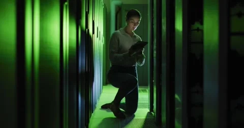 Caucasian female it technician using tablet checking computer server Stock Footage 340968055