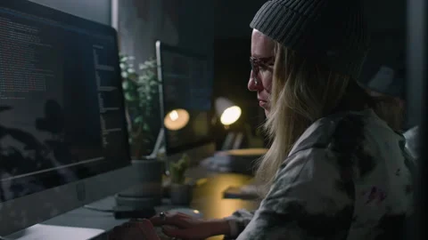 Caucasian Female Programmer Working on Code in Dark Company Office Stock Footage 273832521