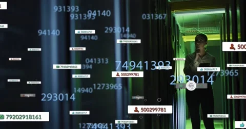 A caucasian female technician using a tablet to check a computer server Stock Footage 328413091