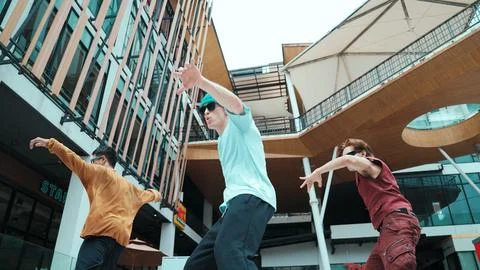Caucasian group practice break dancing together. Low angle view. Hiphop. 写真素材