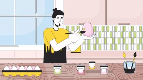 Caucasian guy painting egg Easter line cartoon animation Stock Footage 267882205