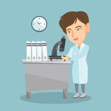 Caucasian laboratory assistant with a microscope. Stockillustratie