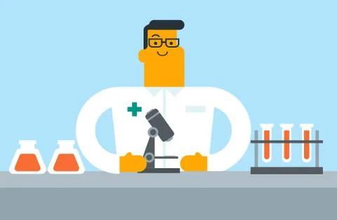 Caucasian laboratory assistant with a microscope. 库存插图