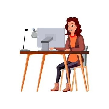 Caucasian lady making learning schedule on computer cartoon vector Stock Illustration