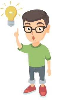 Caucasian little boy pointing at the lightbulb. Stock Illustration