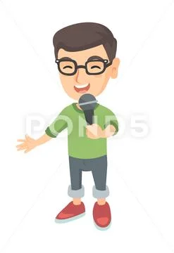 Caucasian little boy singing into a microphone. Stock Illustration