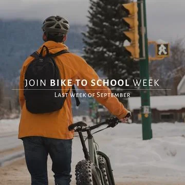 Caucasian male with bike walking on snow and join bike to school week, last week Stock Photos