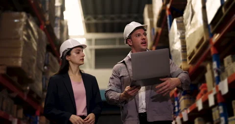 Caucasian male engineer gestures while explaining warehouse system to Asian Stock Footage 310390737