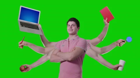 Caucasian male multi tasks on greenscreen chroma background Stock Footage 59983082
