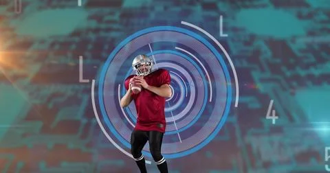 Caucasian male ruby player throwing the ball against round scanner and Stock Photos
