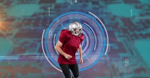 Caucasian male ruby player throwing the ball against round scanner and Stock Photos